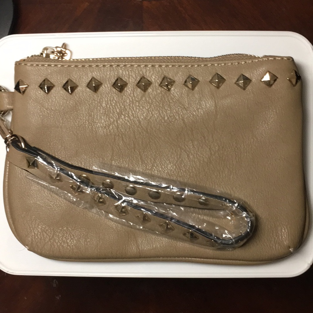 Taupe\tan Gold Studded Wristlet with Strap